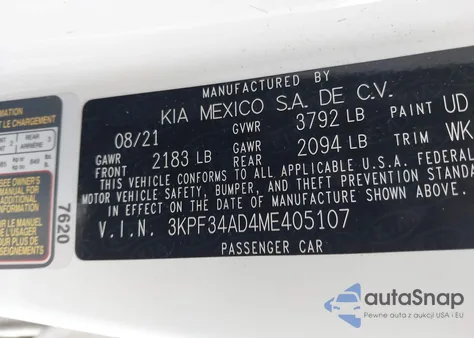 2021 Kia Forte Gt-Line z USA, uszkodzony, nr VIN 3KPF34AD4ME405107